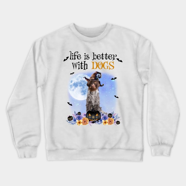 German Wirehaired Pointer Witch Hat Life Is Better With Dogs Crewneck Sweatshirt by Marcelo Nimtz